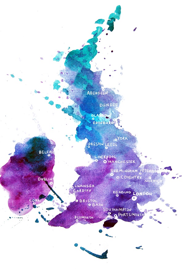 map, England, uk, watercolour