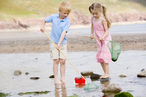 Brother and sister at beach with nets and pail