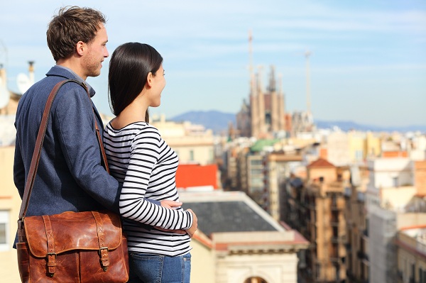 Barcelona - romantic couple looking at city view