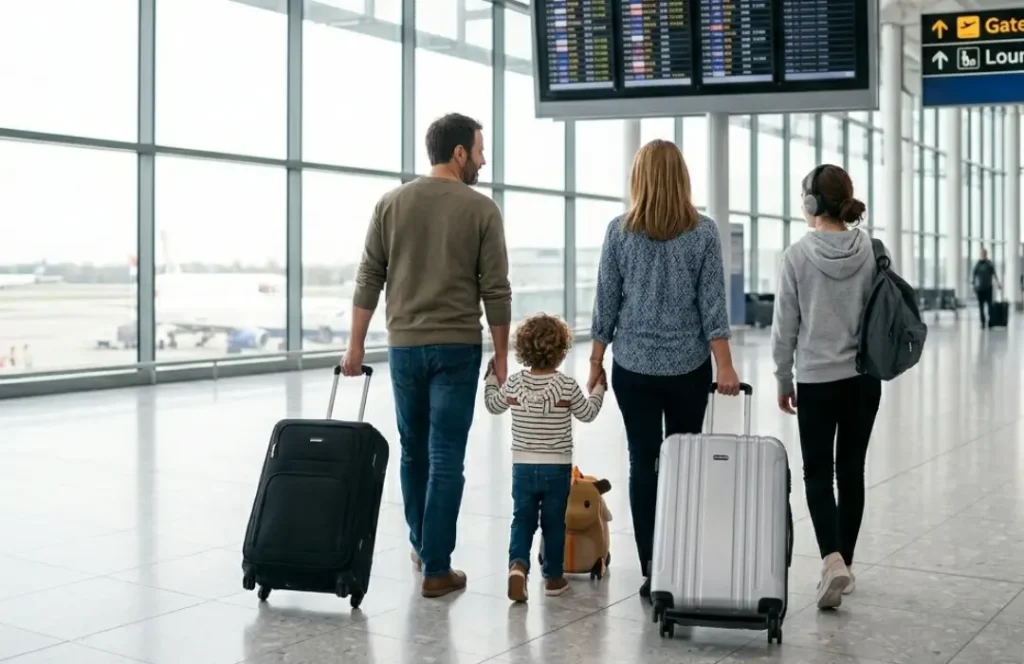 HS - Top tips for airline travel - family walking with luggage at airport