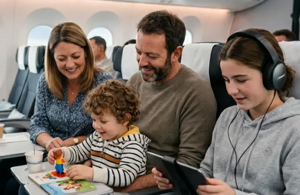 HS - Top tips for airline travel - family on plane 