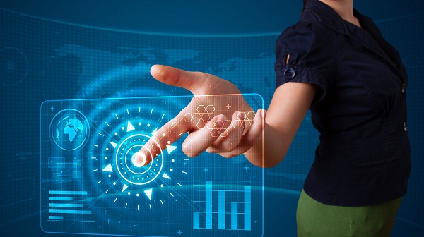 Woman pressing high tech type of modern buttons
