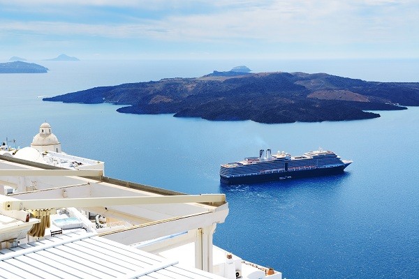The view on Aegean sea and cruise ship, Santorini island, Greece