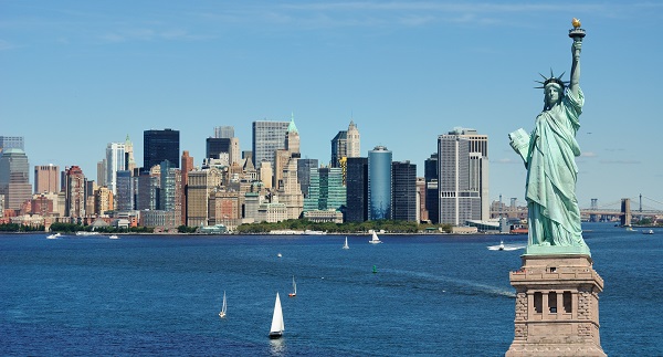 Statue of Liberty with view of New York City in background