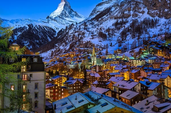 Destination-Aerial View-Zermatt Valley-Matterhorn Peak-Switzerland-At Dawn